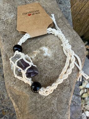 Hand Crafted Cream Macramé Bracelet with Purple Stone and Black Beads